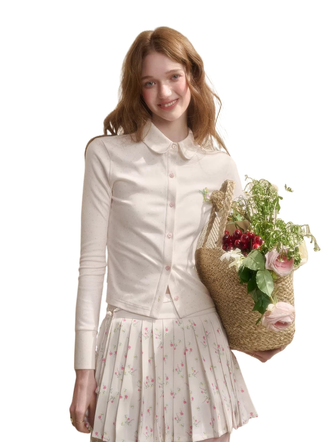 Polka Floral Satin Knit Cardigan &amp; Skirt Set