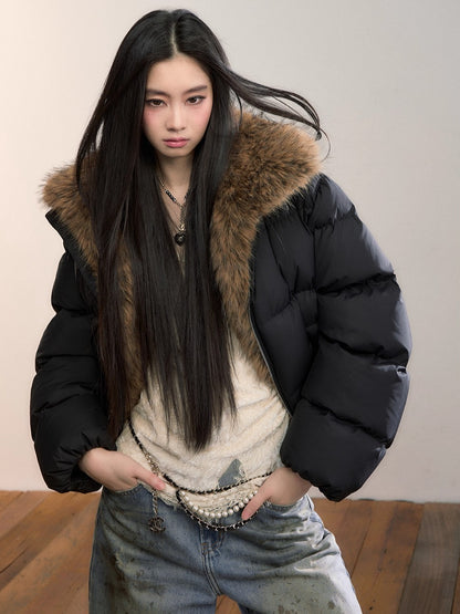 Colorblock Detachable Fur Down Jacket