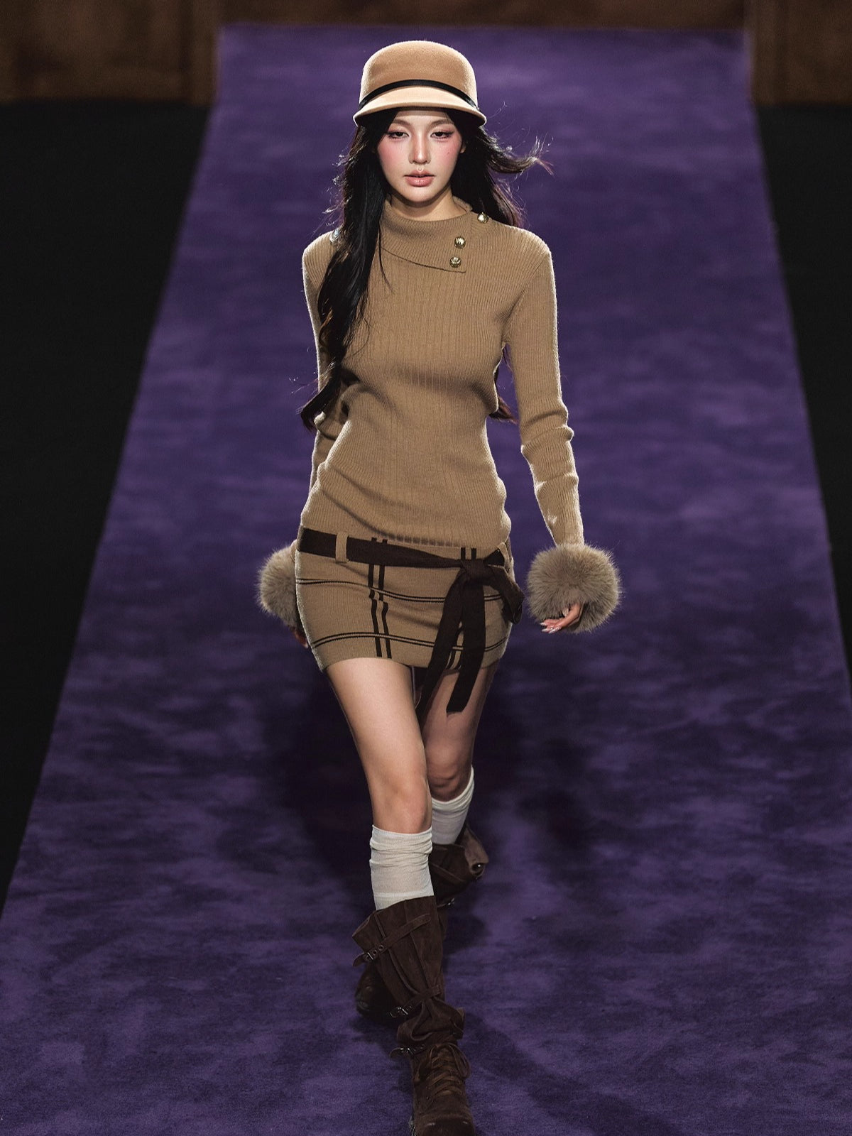 Turtleneck Fuzzy-Cuff Knit Dress