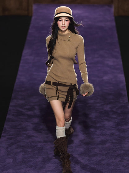 Turtleneck Fuzzy-Cuff Knit Dress