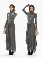 Gray Tie Detail High Neck Knit Dress