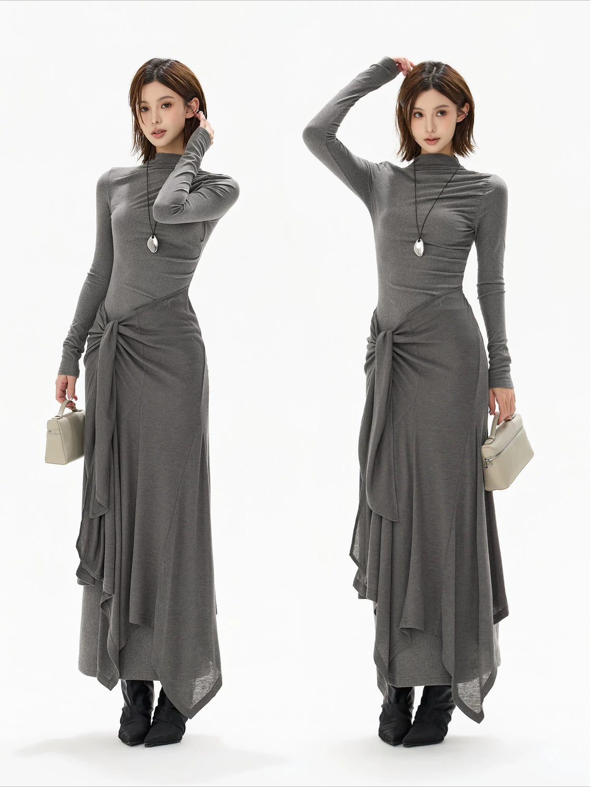 Gray Tie Detail High Neck Knit Dress