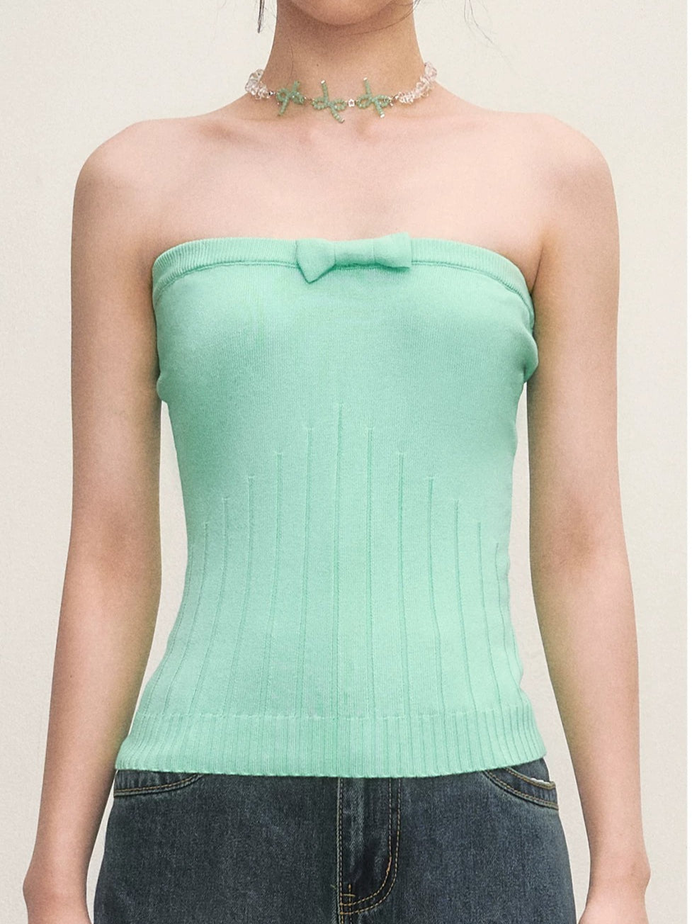 Green Bow Knit Tube Top