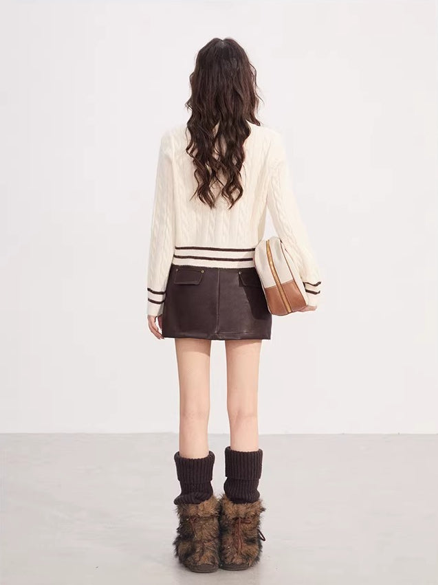 Color Block Stripes V-neck Embroidered Sweater