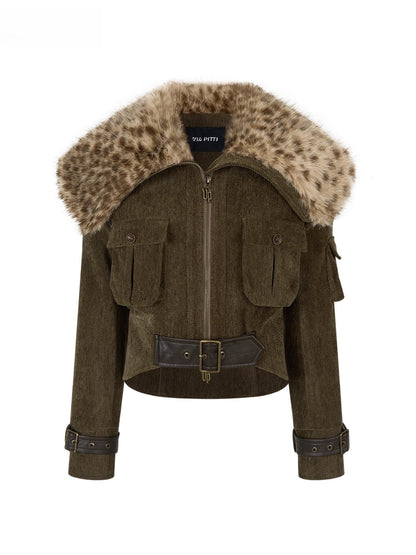 Leopard Print Oversized Fur Collar Thickened Coat