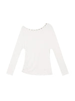 Off-Shoulder Pearl-Button Long-Sleeve T-Shirt