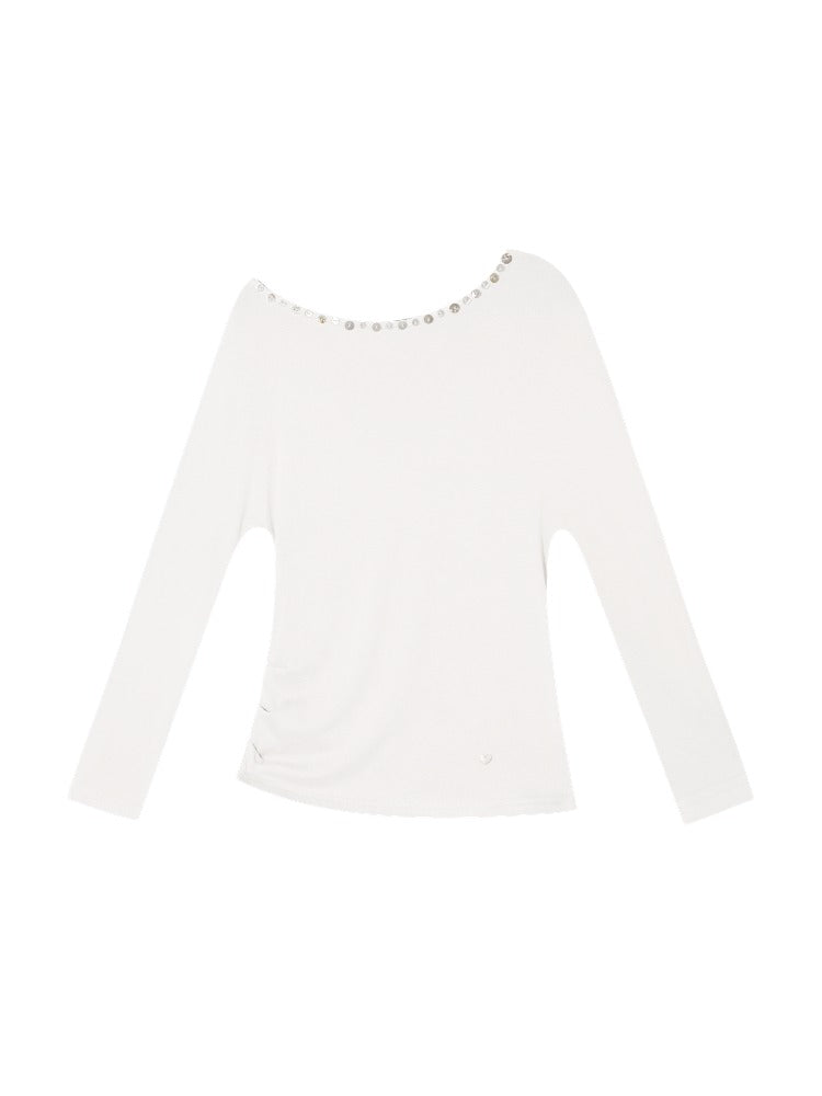 Off-Shoulder Pearl-Button Long-Sleeve T-Shirt