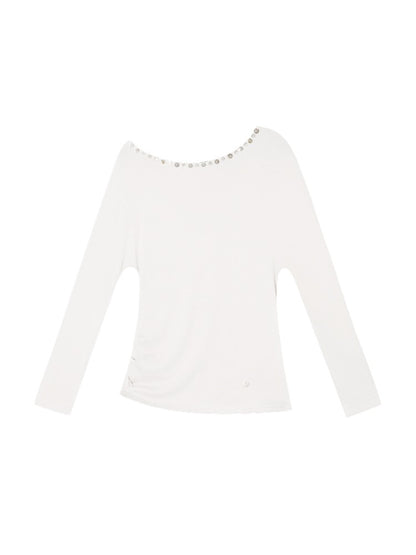 Off-Shoulder Pearl-Button Long-Sleeve T-Shirt