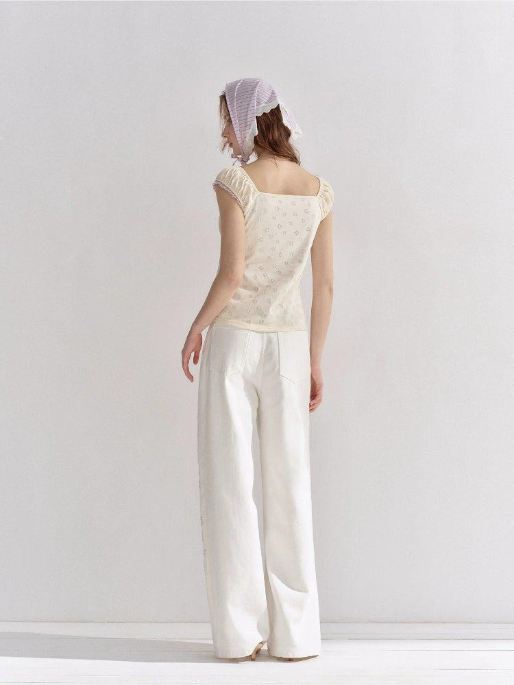 Contrast Panel Floral Eyelet Blouse