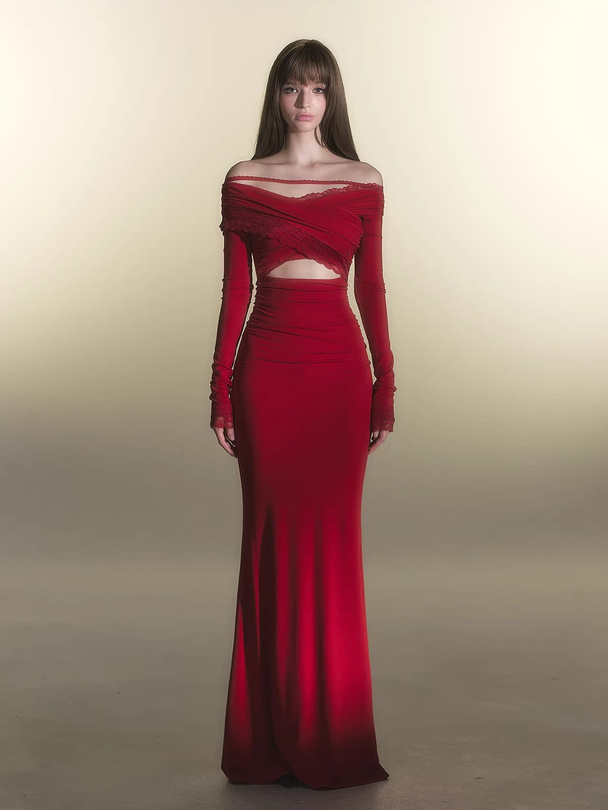 Red Off-Shoulder Long-Sleeve Bodycon Dress