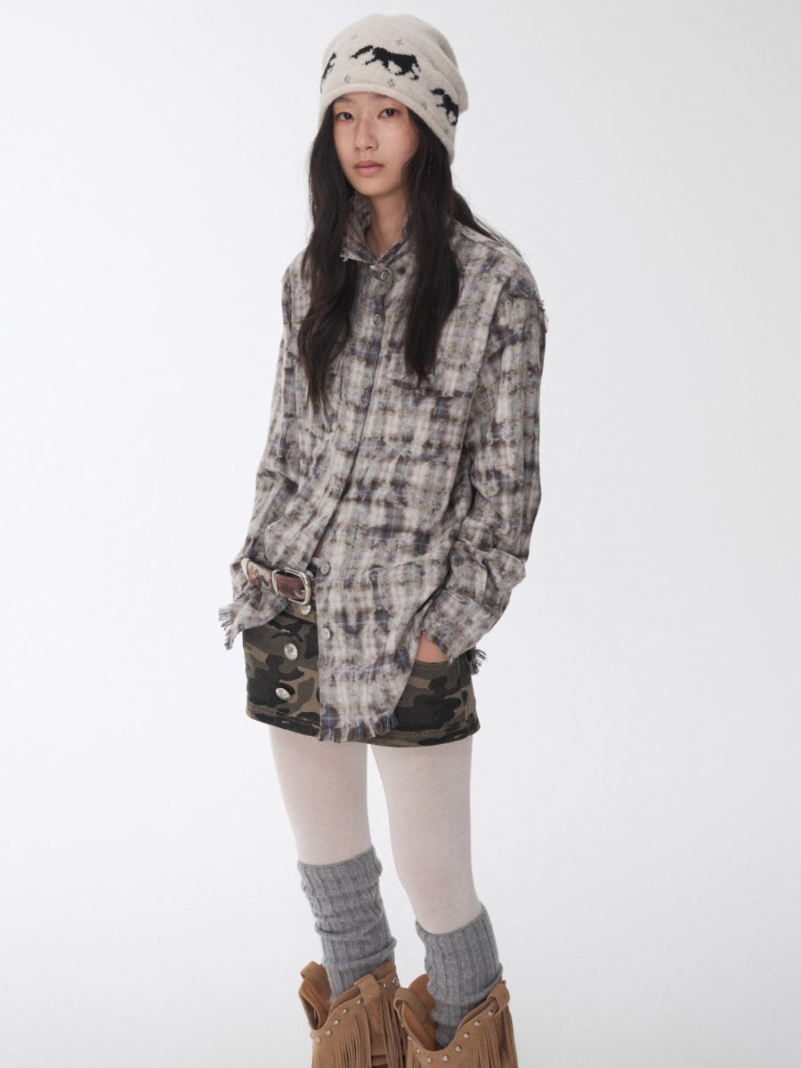 Washed Plaid Frayed-Edge Fitted Shirt