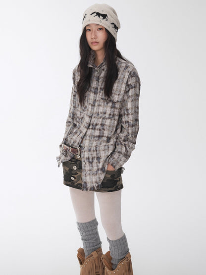 Washed Plaid Frayed-Edge Fitted Shirt