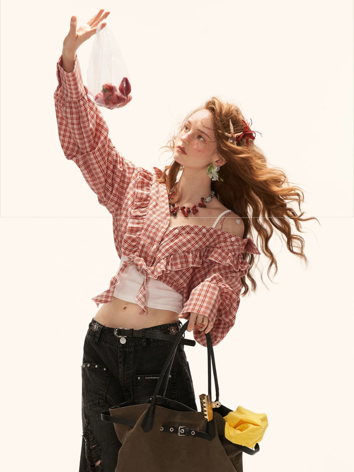 Plaid Tie Off-Shoulder Shirt