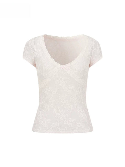 Pink &amp; Green Lace Knit V‑Neck Tee