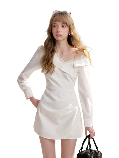White Asymmetric Lapel Dress