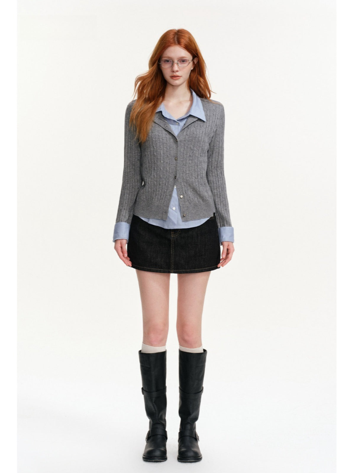 Cable Knit Layered Shirt Cardigan