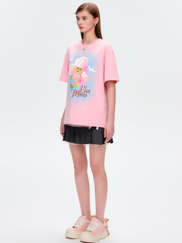 Island-style Bear Surfing Illustration Cotton T-shirt