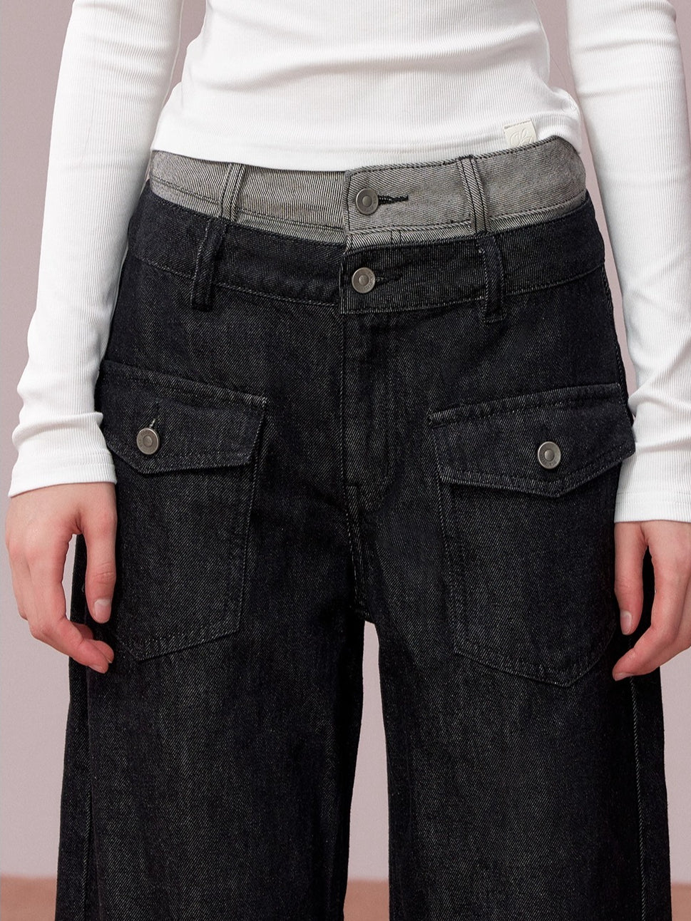 Colorblock Double Waistband Denim Pants