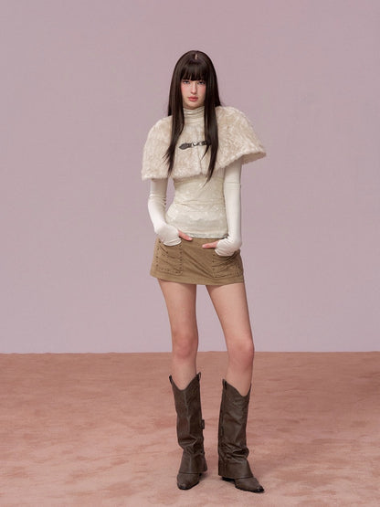 Lace Cold-Shoulder High Neck Long Sleeve Top