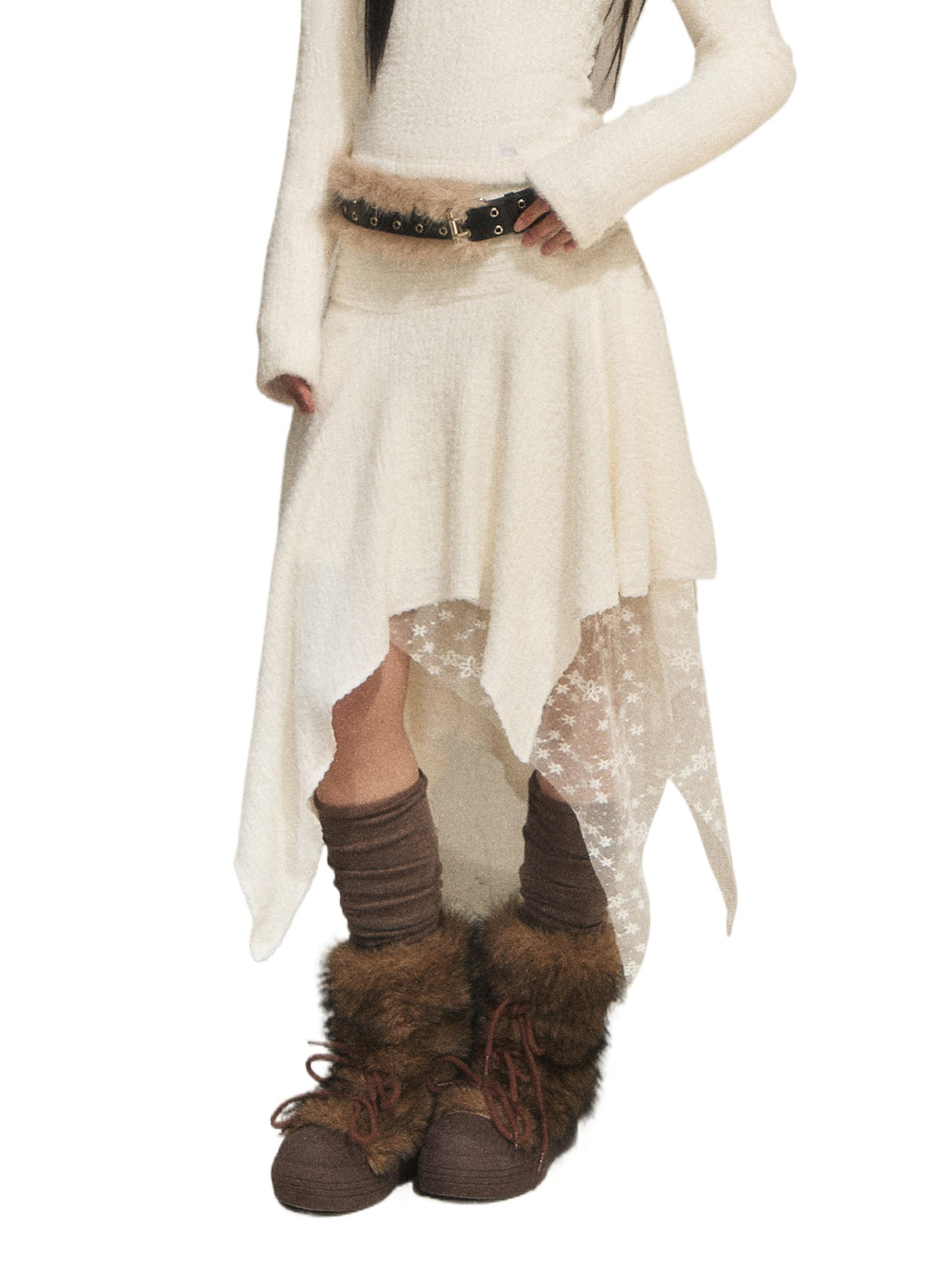 Lace Panel Irregular A-Line Skirt