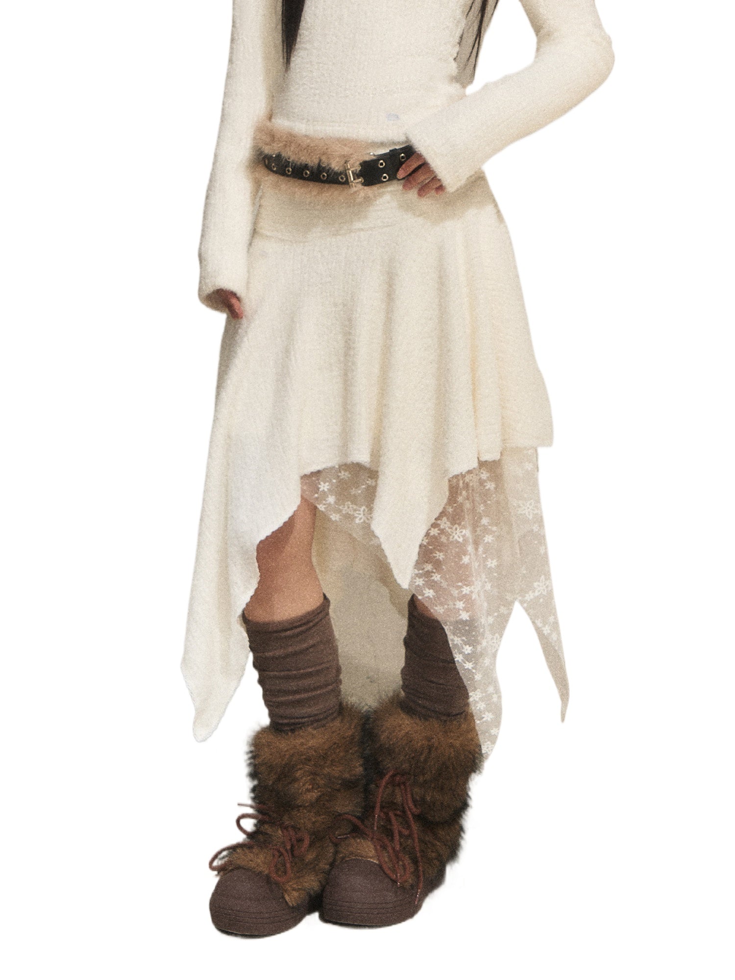 Lace Panel Irregular A-Line Skirt