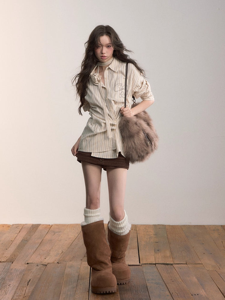 Two-Way Belted Choker Stripe Shirt
