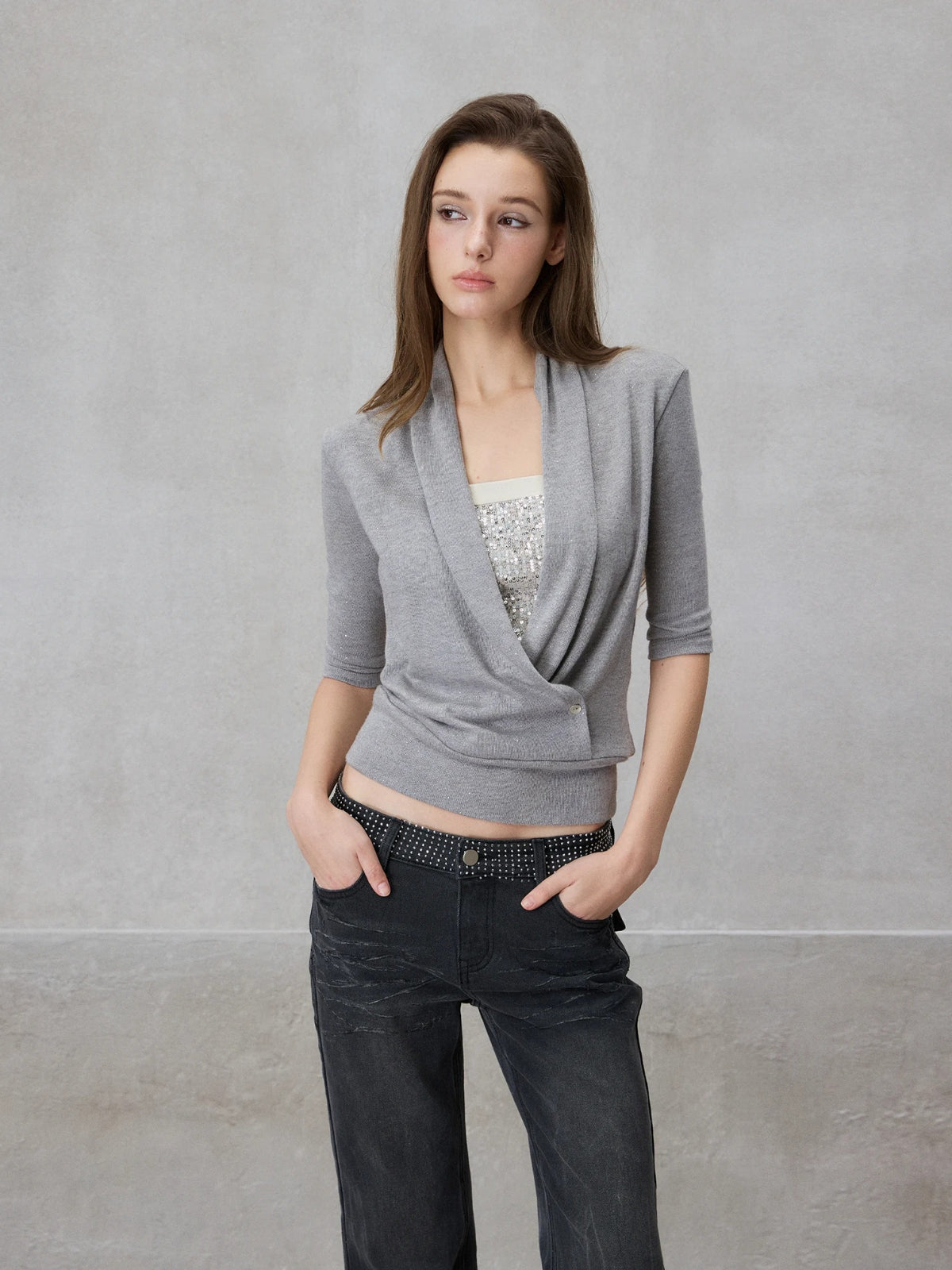 Silver Sequin Draped Top