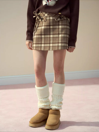 Pink &amp; Brown Plaid A-line Wool Skirt