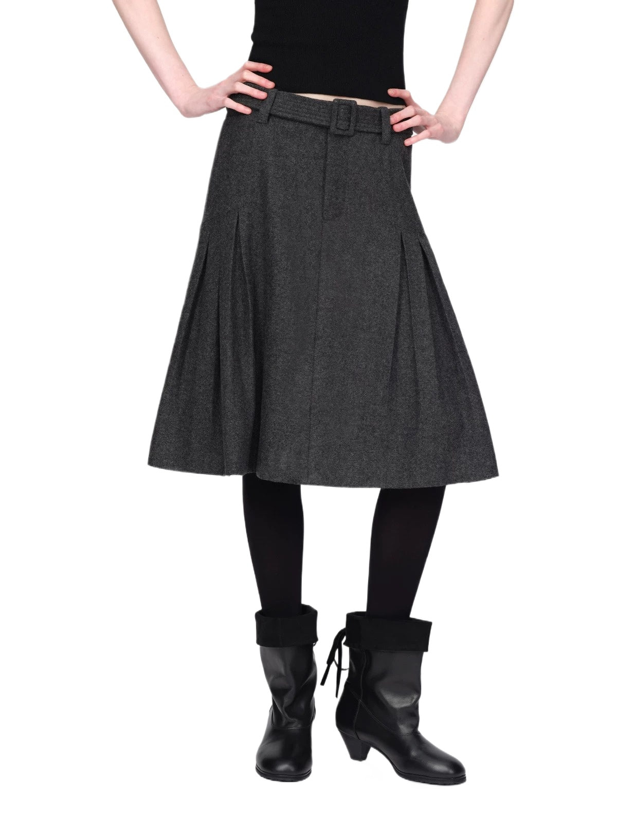 Wool Belted A Line Pleated Skirt