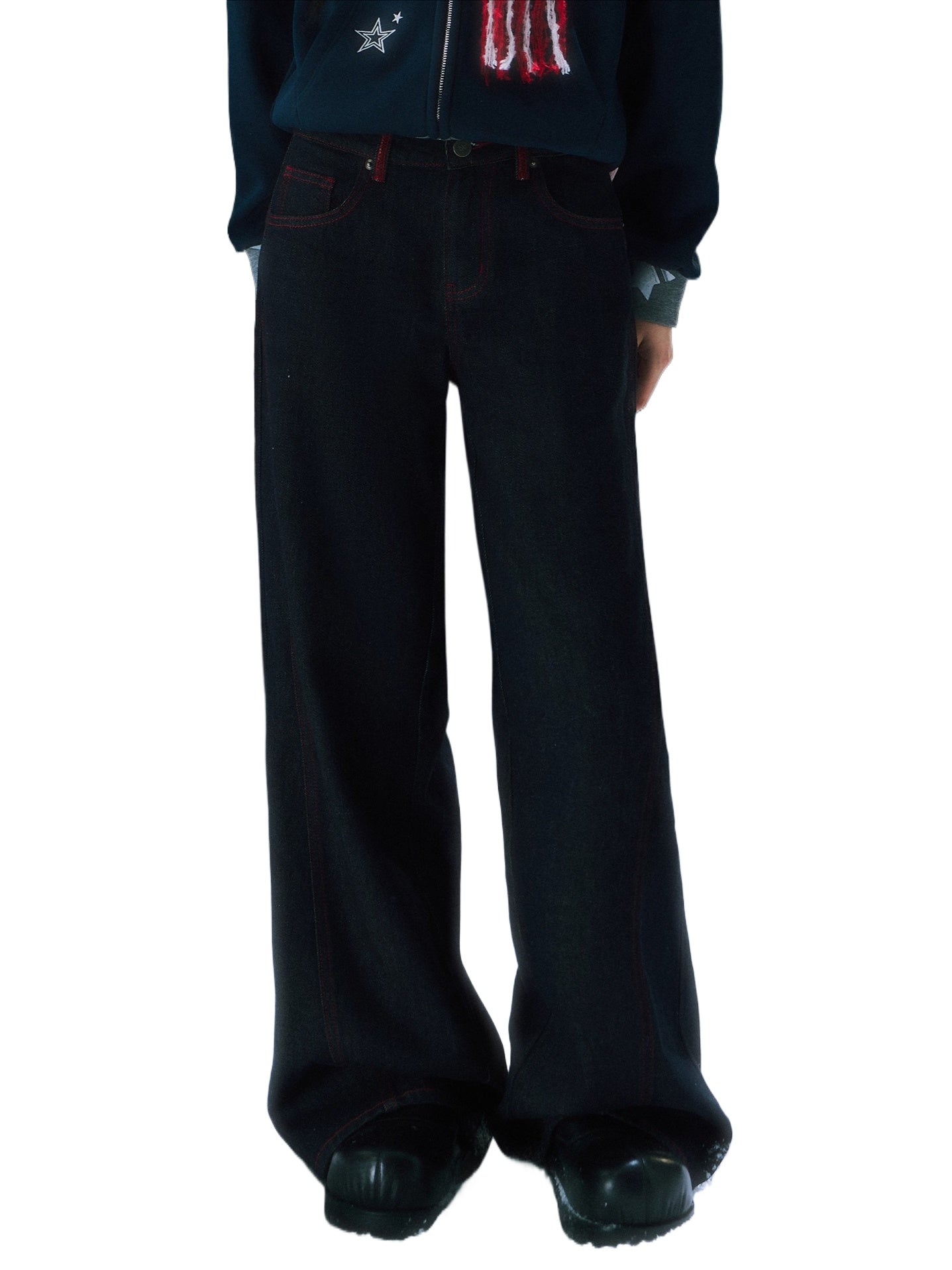 Contrast Stitch Embroidery Wide Pants