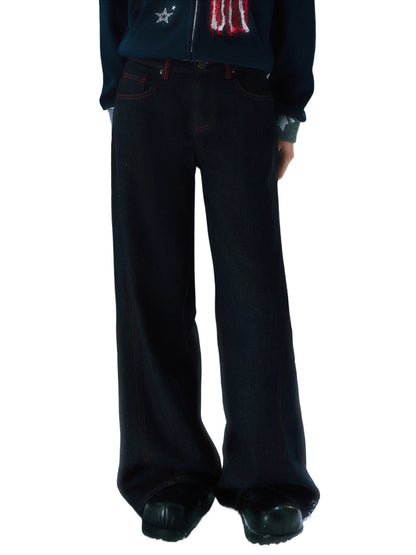 Contrast Stitch Embroidery Wide Pants