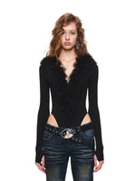 Lamb Fur V-Neck Knit Bodysuit