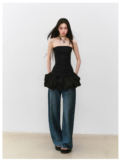 3D Rhinestone Wide-leg Denim Pants
