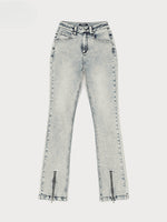 Rivet Biker Zipper Elastic Split Flare Jeans