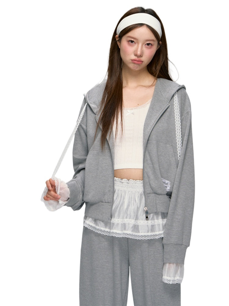 Gray Lace-Trimmed Casual Hoodie & Pant Set