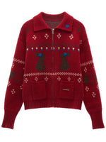 Red Snowflake Bunny Print Knit Cardigan