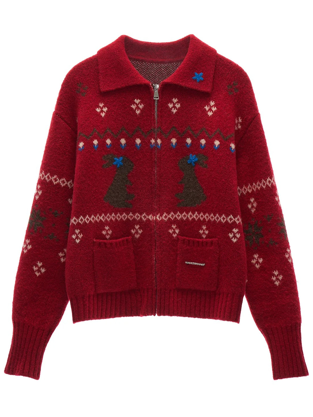 Red Snowflake Bunny Print Knit Cardigan