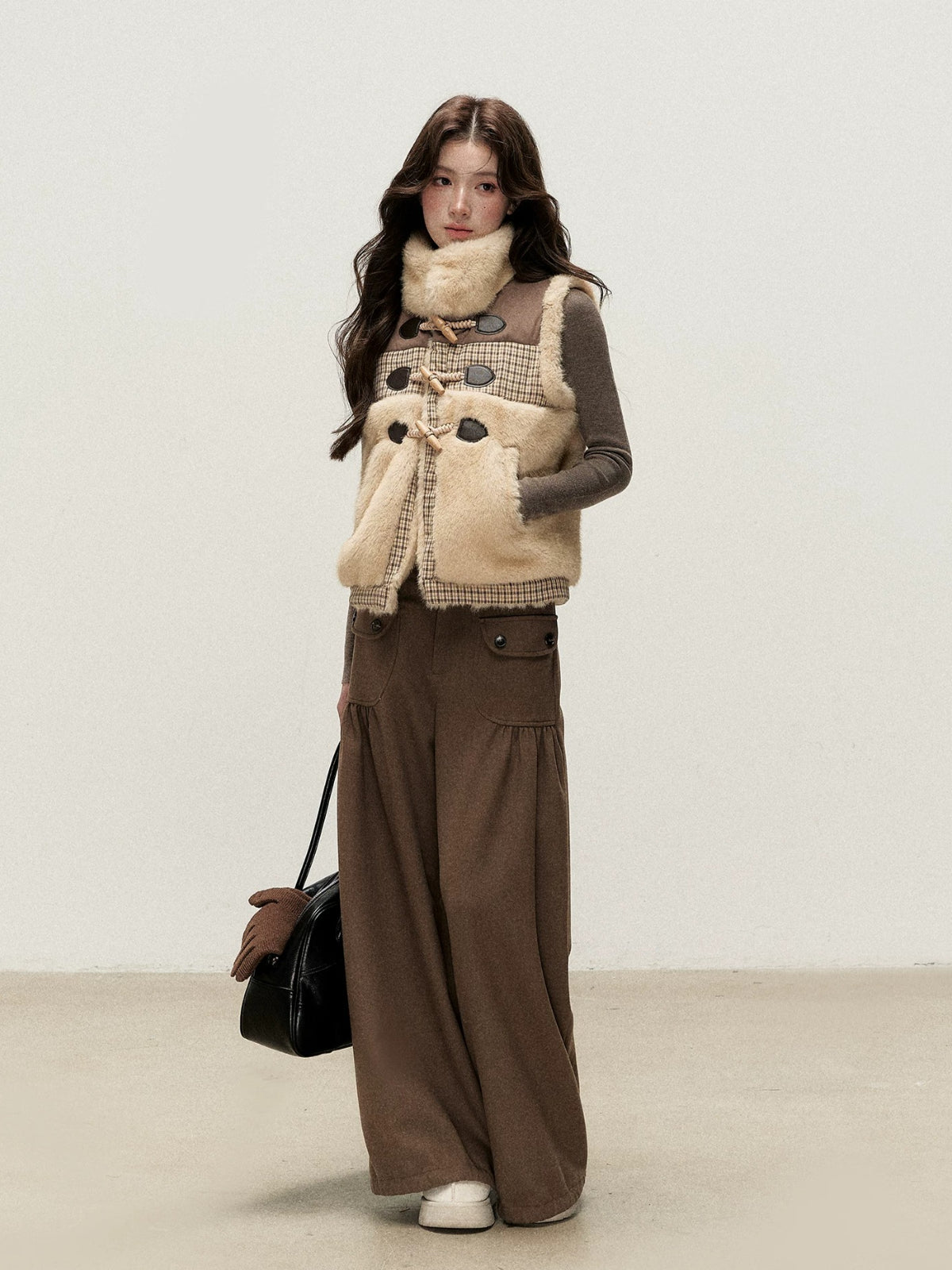 Vintage Brown Pleated Straight-Leg Pants