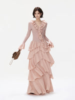 Ruffled Knit Chiffon Tiered Maxi Dress
