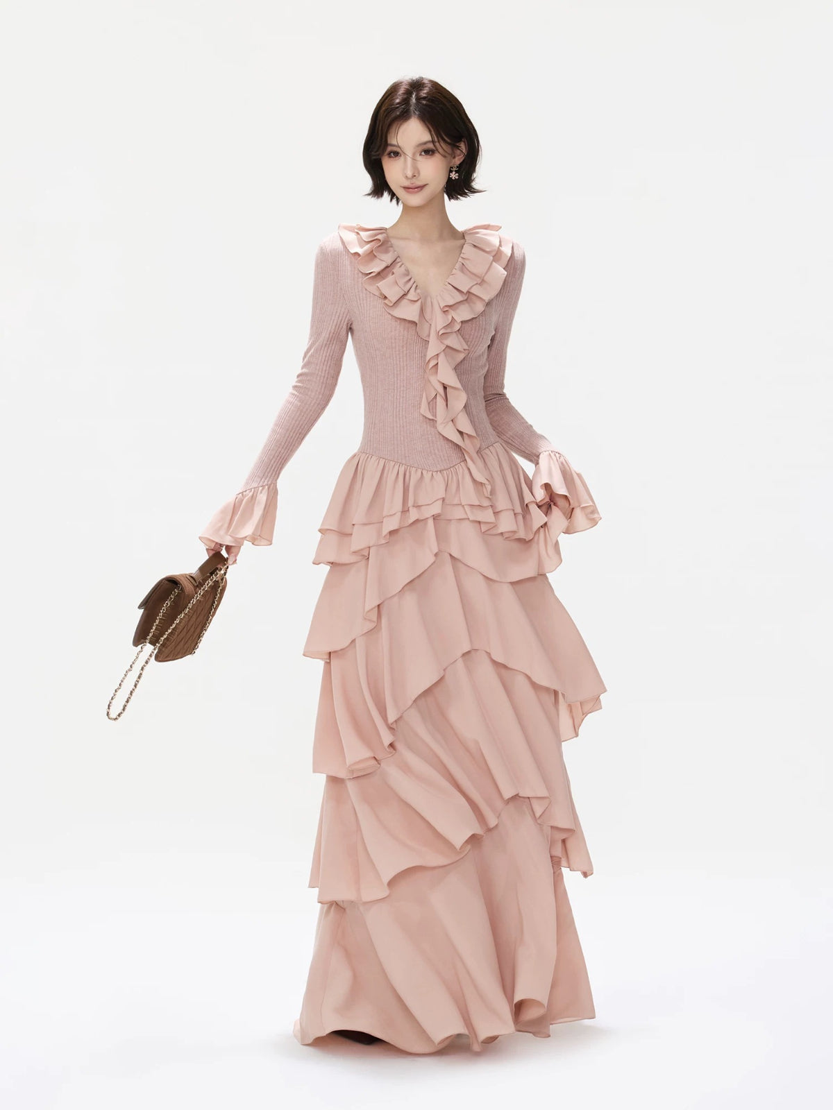 Ruffled Knit Chiffon Tiered Maxi Dress