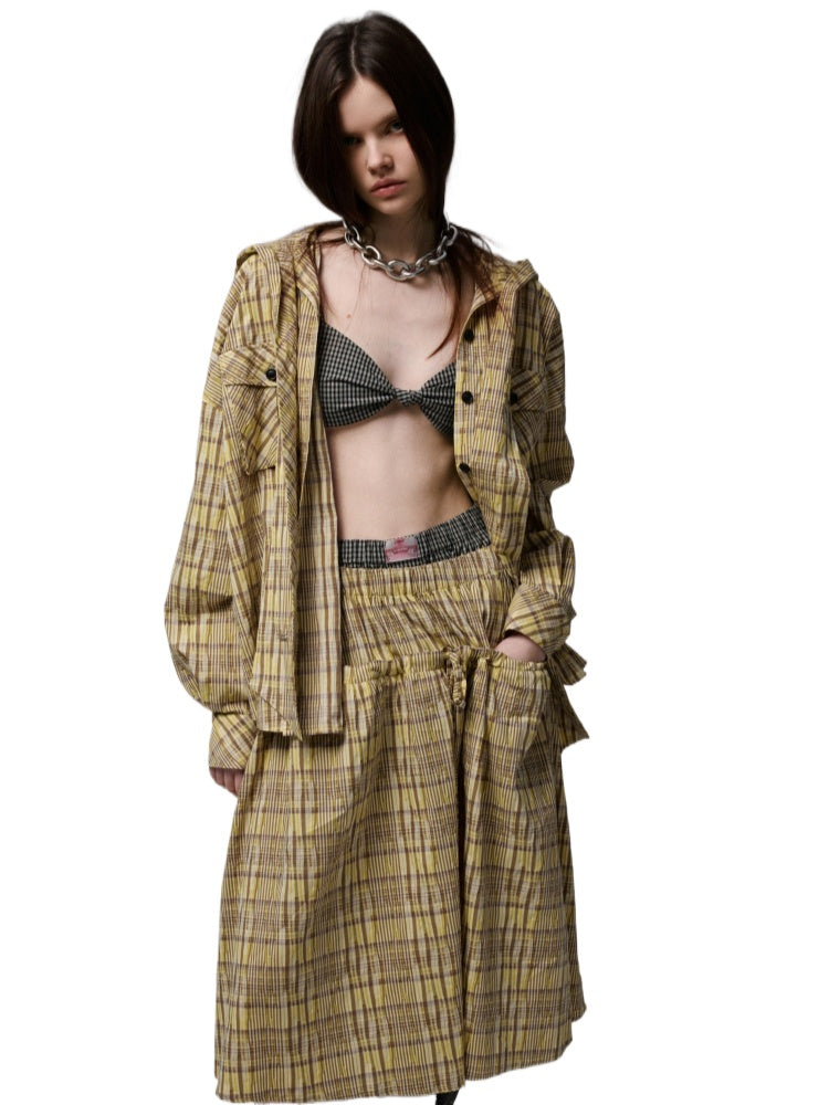 Plaid Hooded Shirt & Skirt & Pants Set