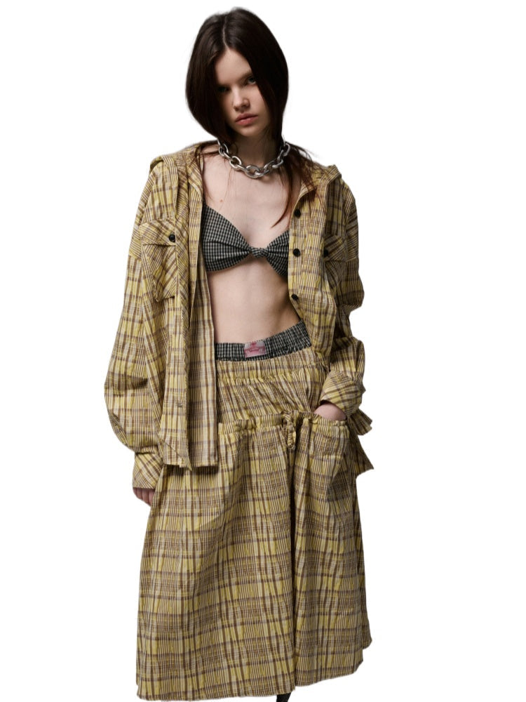 Plaid Hooded Shirt &amp; Skirt &amp; Pants Set