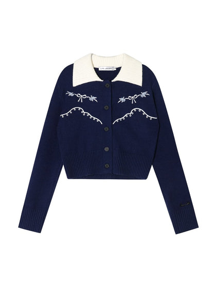 Contrast Collar Embroidered Knit Cardigan
