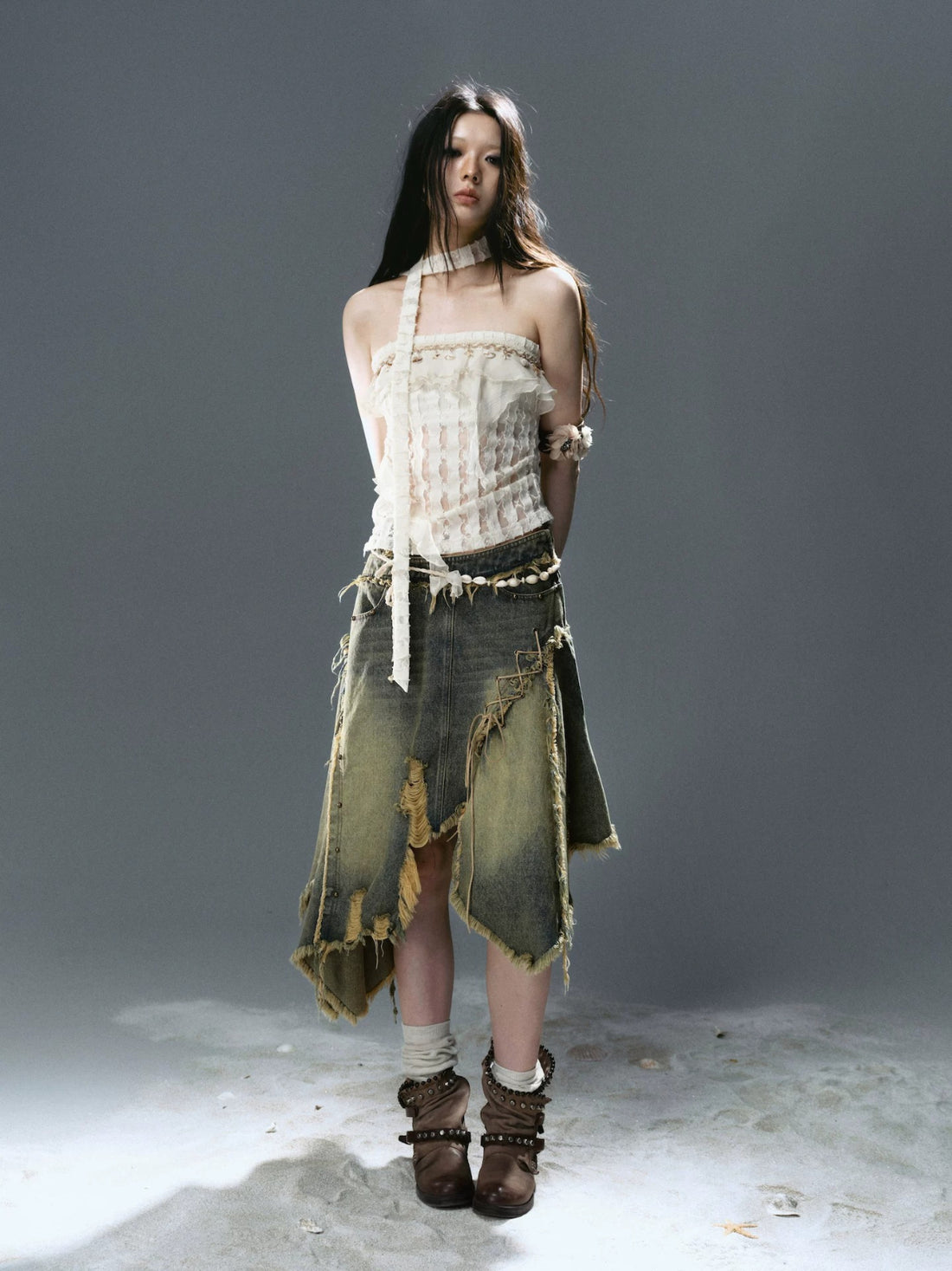 Deconstructed Denim Midi Skirt