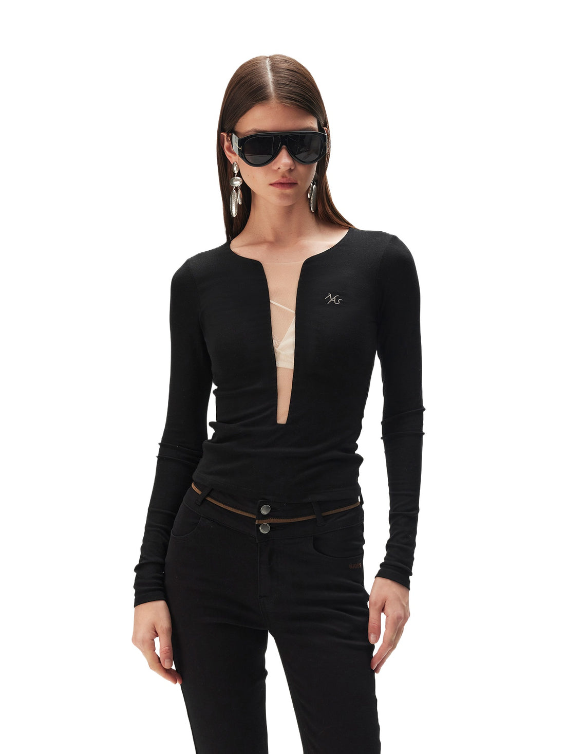 Black V-Neck Mesh Tee
