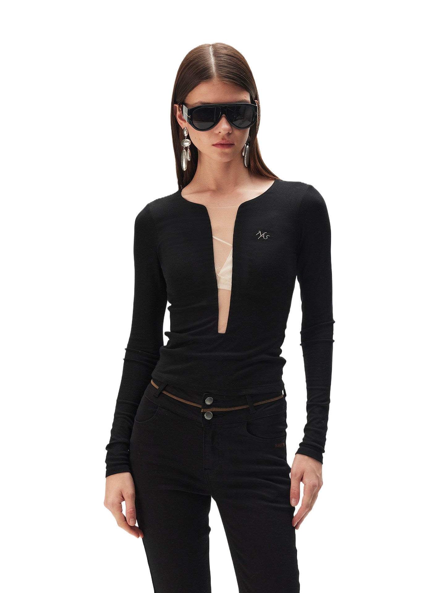 Black V-Neck Mesh Tee