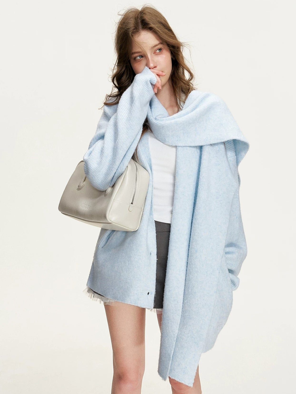 Mock-Layer Scarf Collar Chunky Cardigan