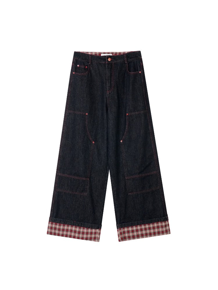 Yellow &amp; Red Plaid Hem Denim Pants