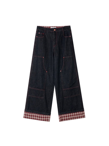 Yellow &amp; Red Plaid Hem Denim Pants