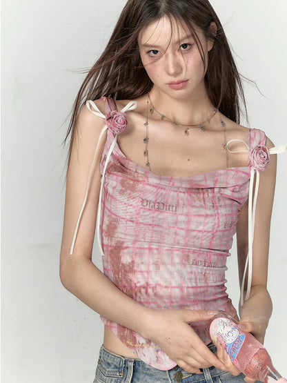 Pink &amp; Yellow Off-Shoulder Mesh Rose Print T-shirt